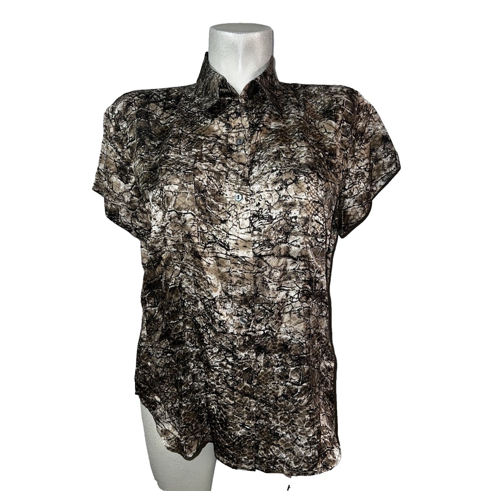 Chicos Silk Rayon Button Front Shirt Brown Black Art to Wear Top Size (2) L